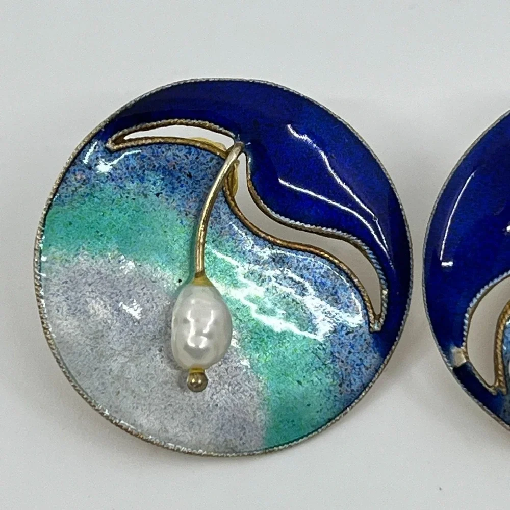Vintage Sterling Silver Enamel Earrings Freshwater Pearl Blue Beachy Artsy